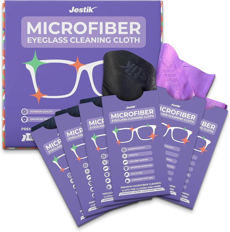 Jestik Microfiber Cleaning Cloth - Japanese Lens Wipes for Eyeglasses, Camera Lenses, Screens & More - Versatile Glasses Cleaner Cloths, Lint-Free, Washable (Black/Purple - Pack of 6) - Image 1